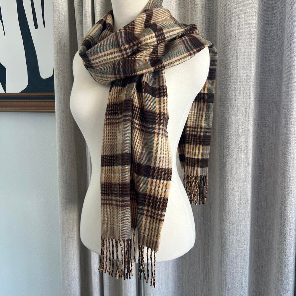 D&Y Softer Than Cashmere Scarf Brown Plaid Fringe 100% Acrylic Fall Winter OSFM